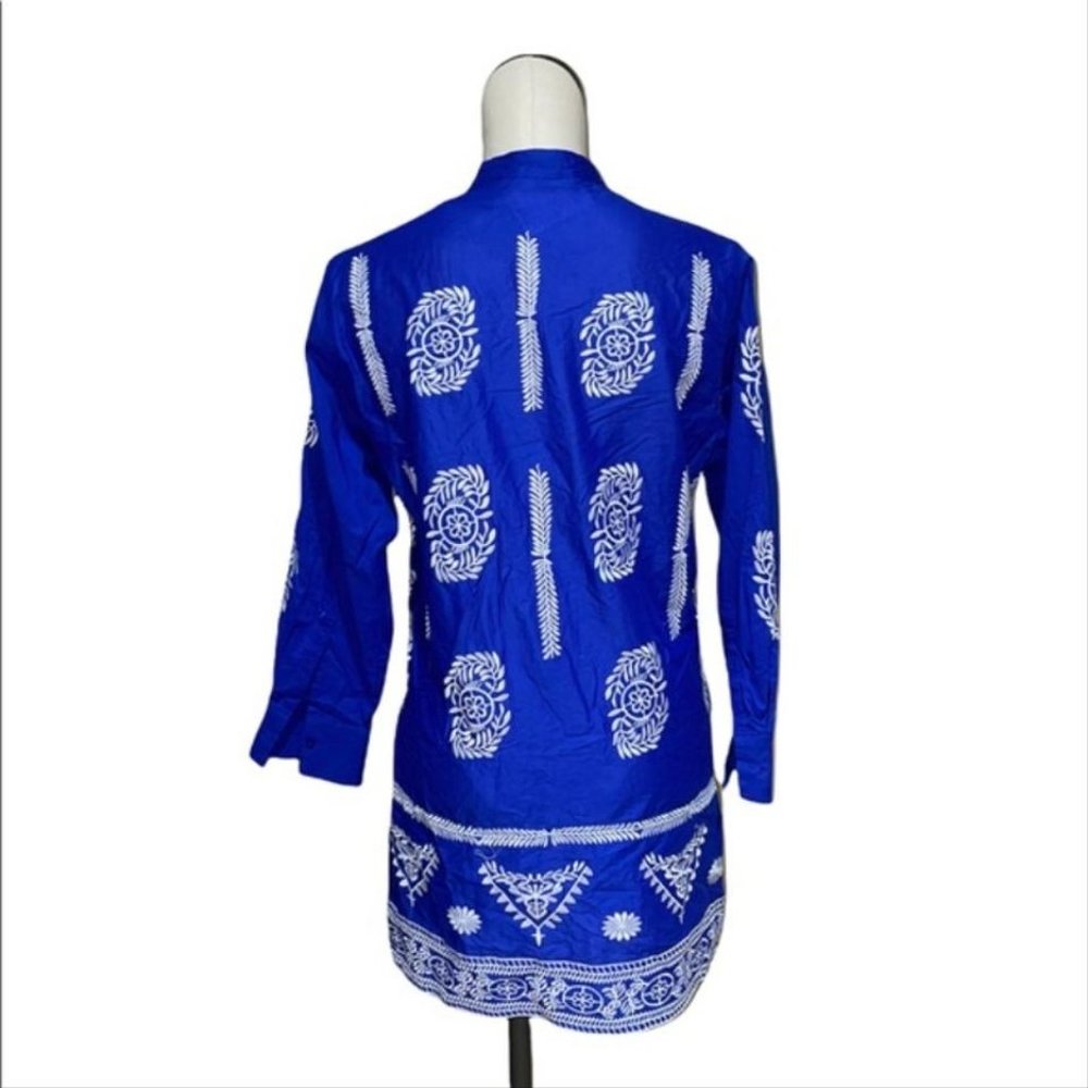 ZARA Embroidered Cotton Tunic Hi Lo Hem Blue with White Sz L/XL - Picture 13 of 13